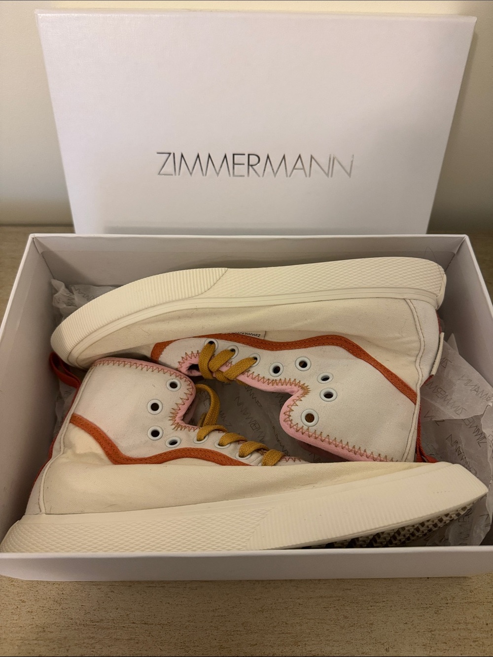 Zimmermann Cream High-Top Sneakers with Orange Trim and Pink Accents